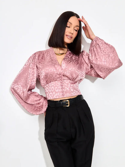 Women's Leopard Jacquard V-Neck Balloon Sleeve Blouse