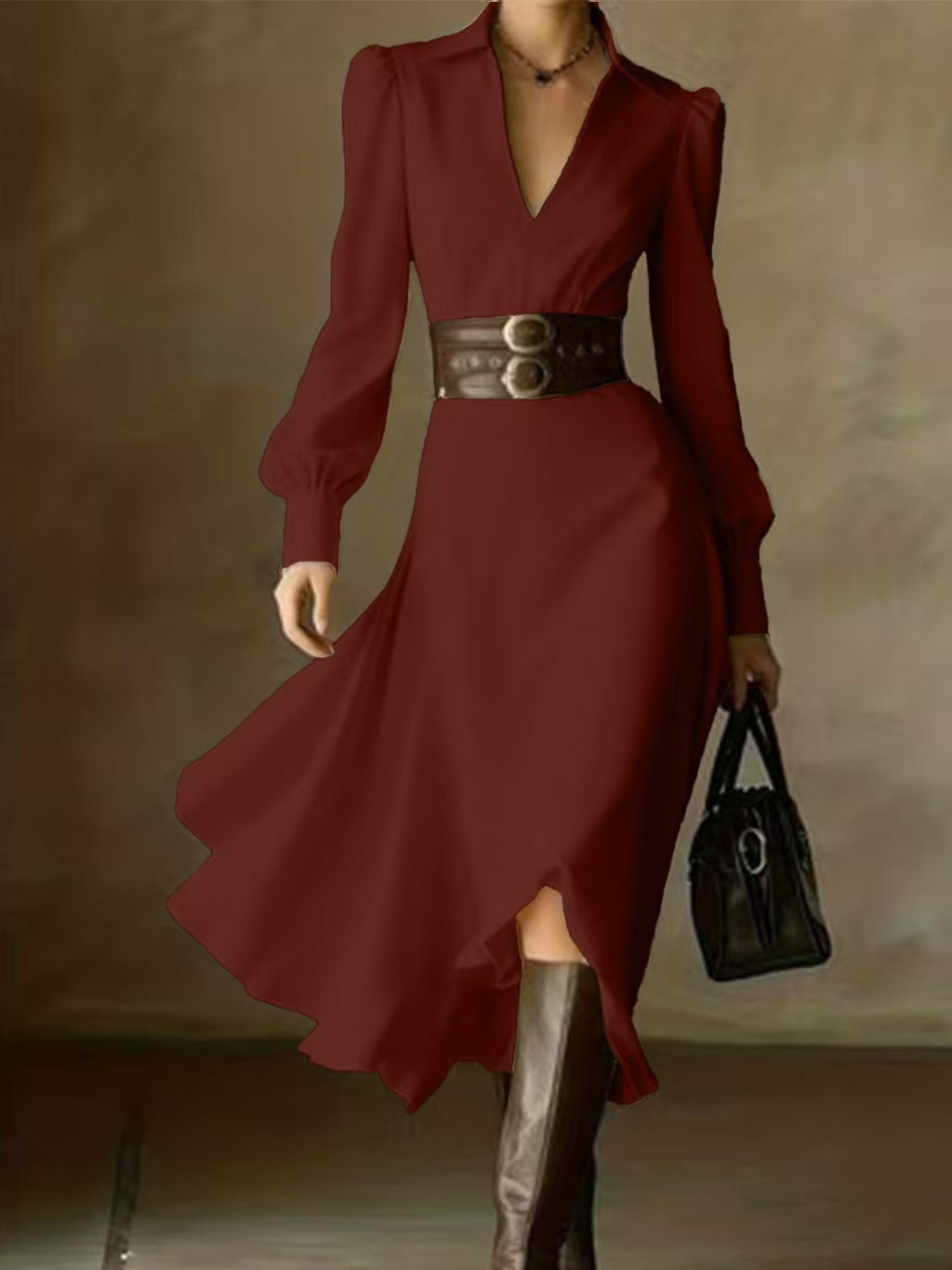 Women's White Collared Long Sleeve Pleated Maxi Dress