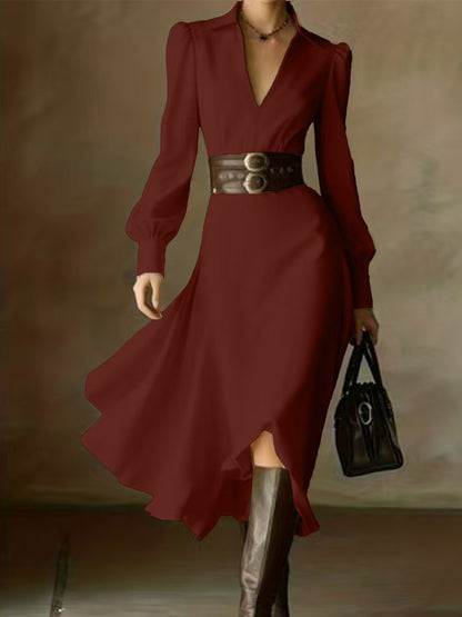 Women's White Collared Long Sleeve Pleated Maxi Dress