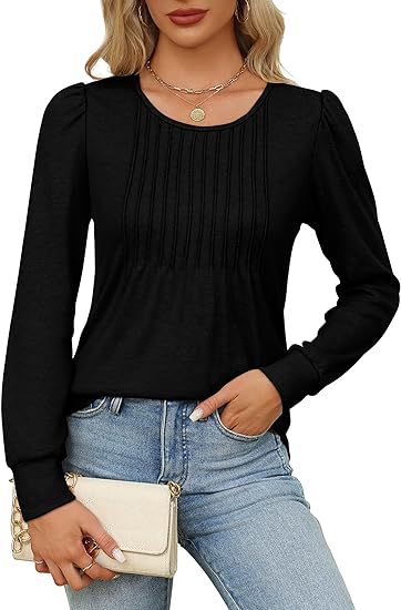Solid Cotton Pintuck Blouse Long Sleeve Work Top
