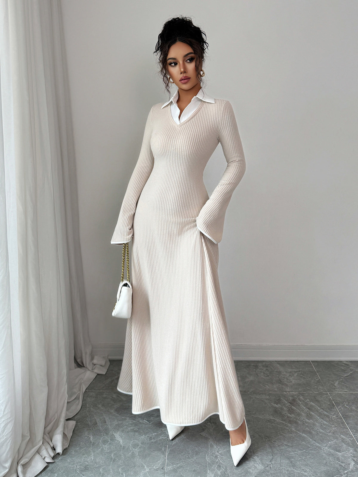 Ribbed Long Sleeve Collared Maxi Dress