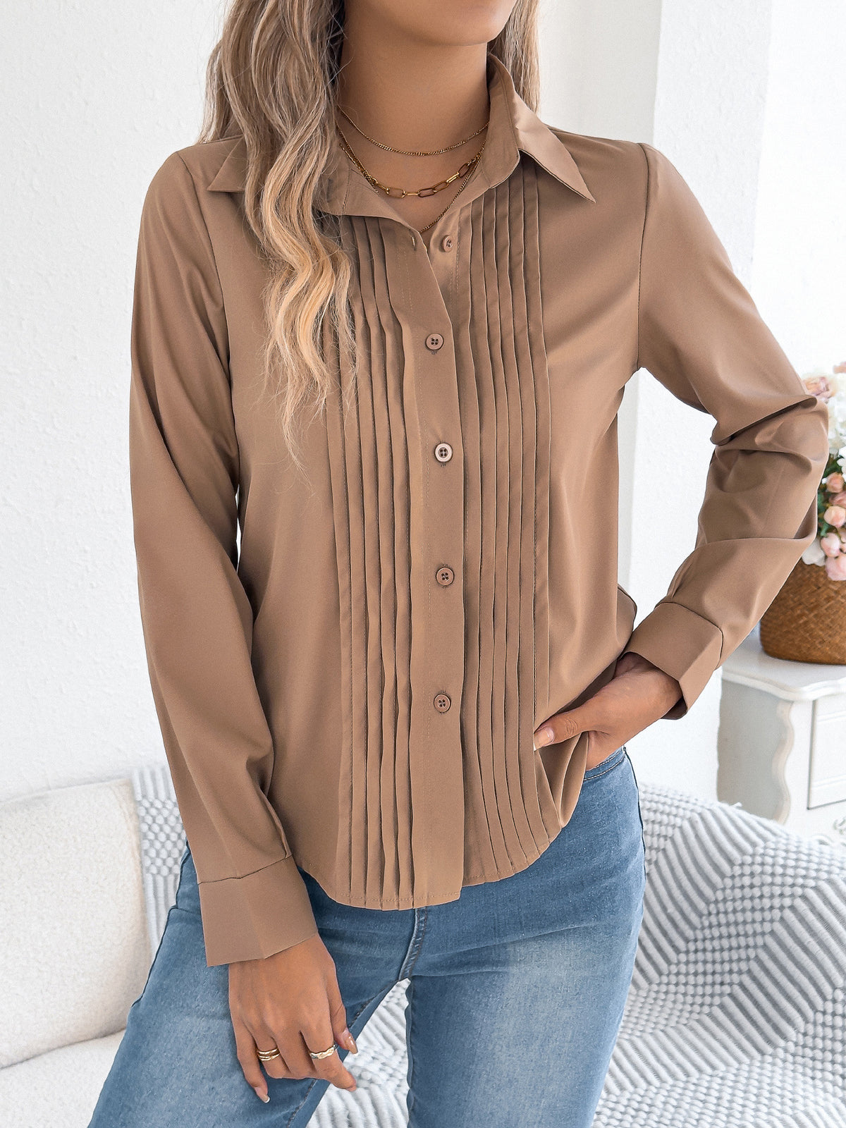 Women's Pleated Button Front Long Sleeve Work Blouse