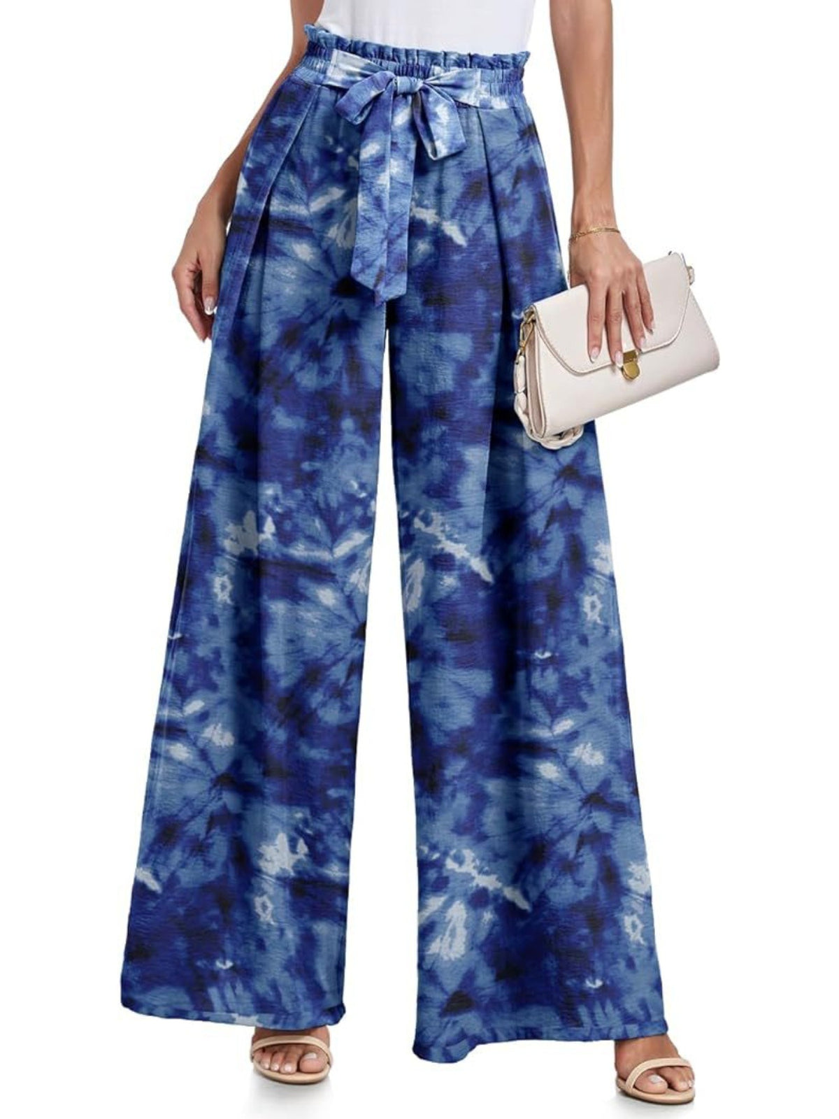 Women's Tie Waist Paperbag Wide Leg Pants