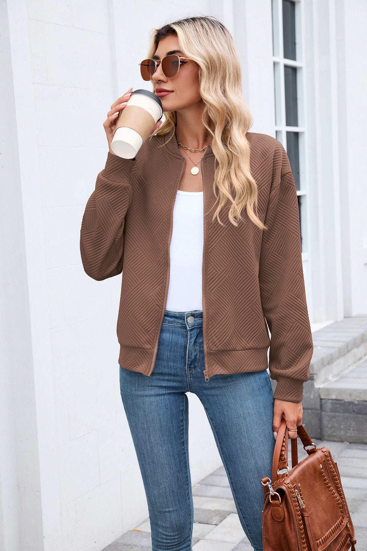 Women's Quilted Zip-Up Bomber Jacket Lightweight Casual