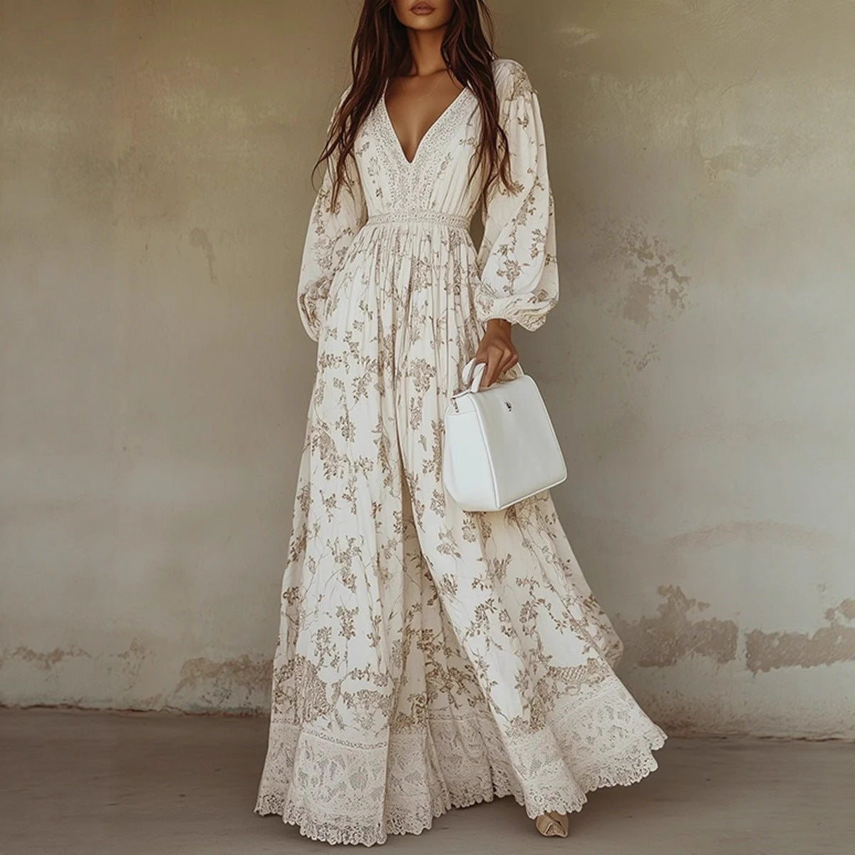 Women's Floral Lace V-Neck Balloon Sleeve Maxi Dress