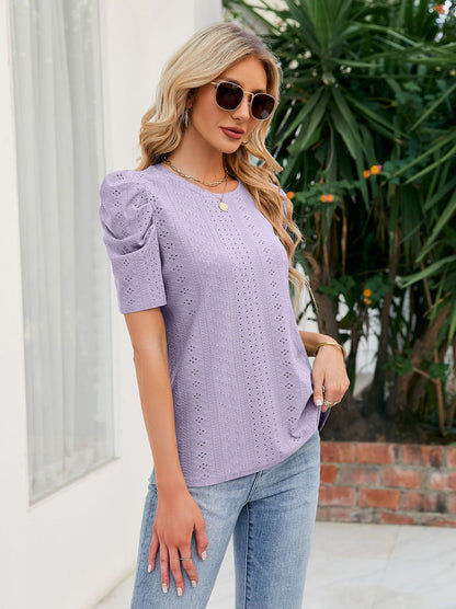 Loose Fit Ruched Sleeve Lace Knit T-Shirt for Women