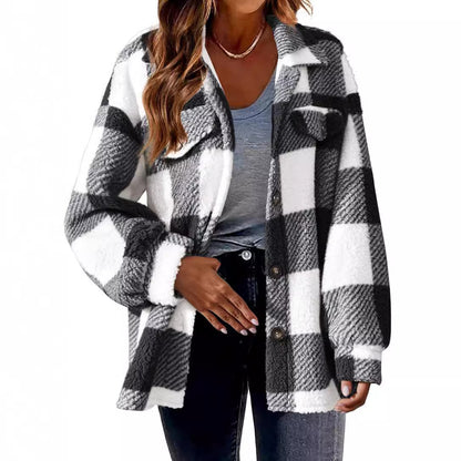 Women's Plaid Sherpa Shacket Fleece Jacket with Pockets