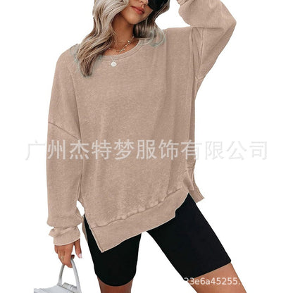 Waffle Split Hem Sweatshirt Women Casual Long Sleeve Top