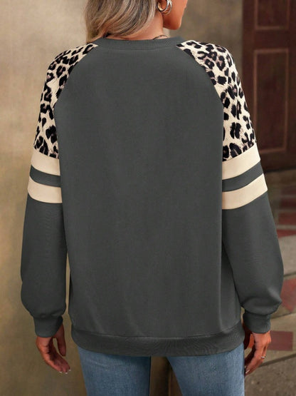 Leopard Colorblock Sweatshirt Women Casual Pullover Top