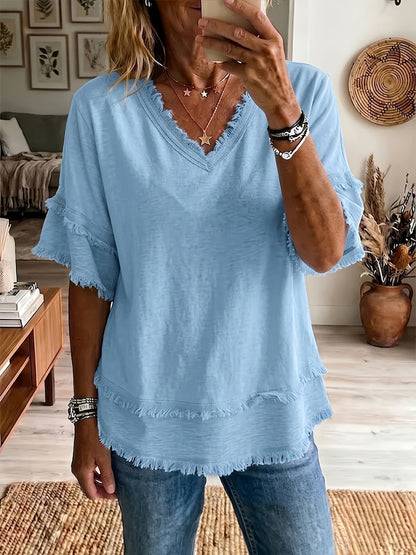 Women's Boho Fringe V-Neck Short Sleeve Linen Blend Top