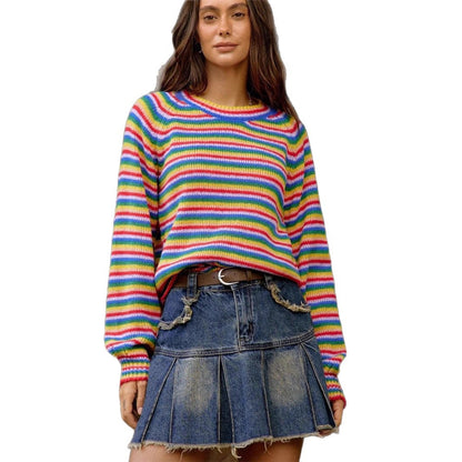 Women's Rainbow Striped Oversized Crewneck Sweater