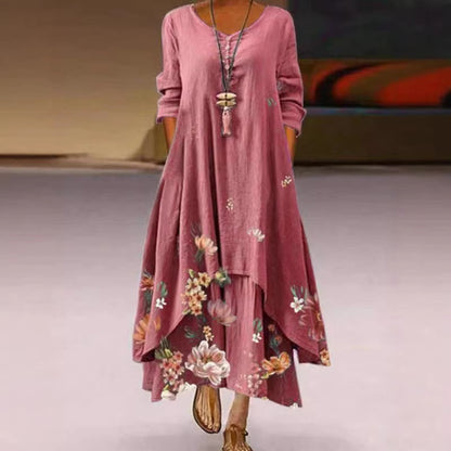 Women's Boho Floral Long Sleeve Asymmetrical Maxi Dress