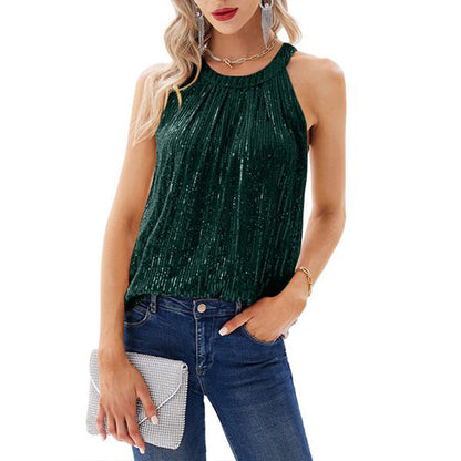 Rose Red Sequin Halter Neck Tank Top Women Party Camisole