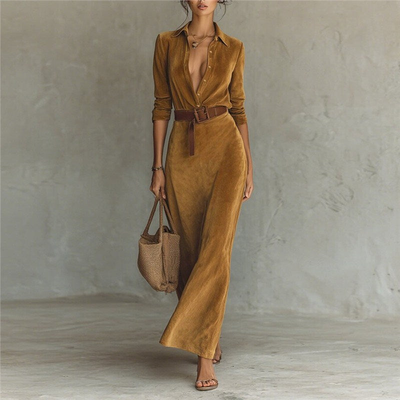Faux Suede Belted Maxi Shirt Dress Long Sleeve