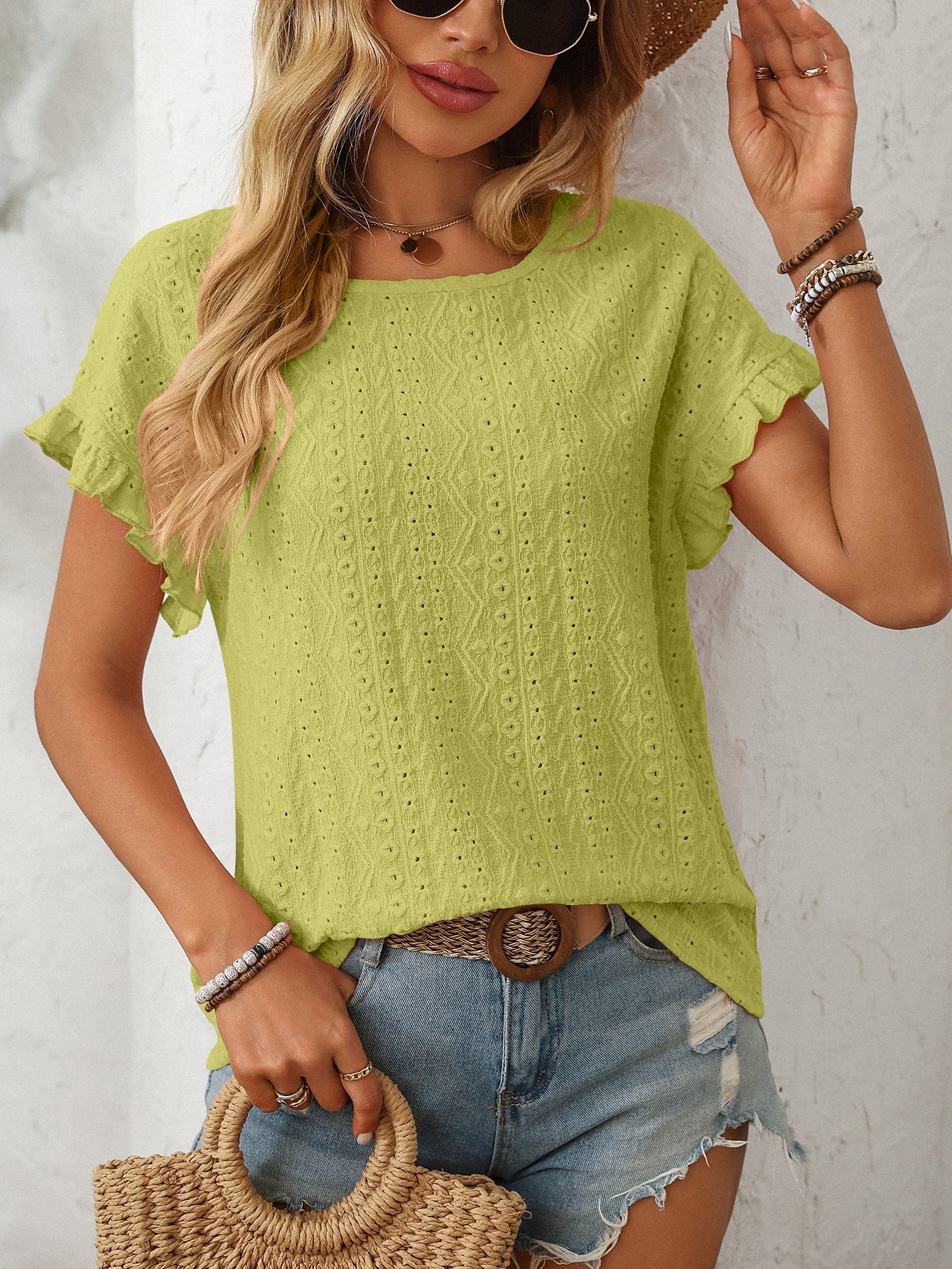 Women’s Eyelet Knit Crewneck Ruffle Sleeve Summer Top