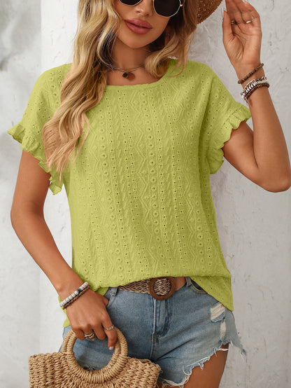 Women’s Eyelet Knit Crewneck Ruffle Sleeve Summer Top