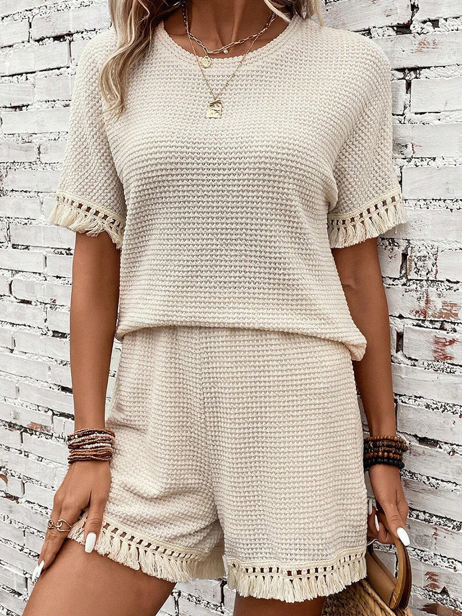 Waffle Knit Matching Set with Fringe Hem Details