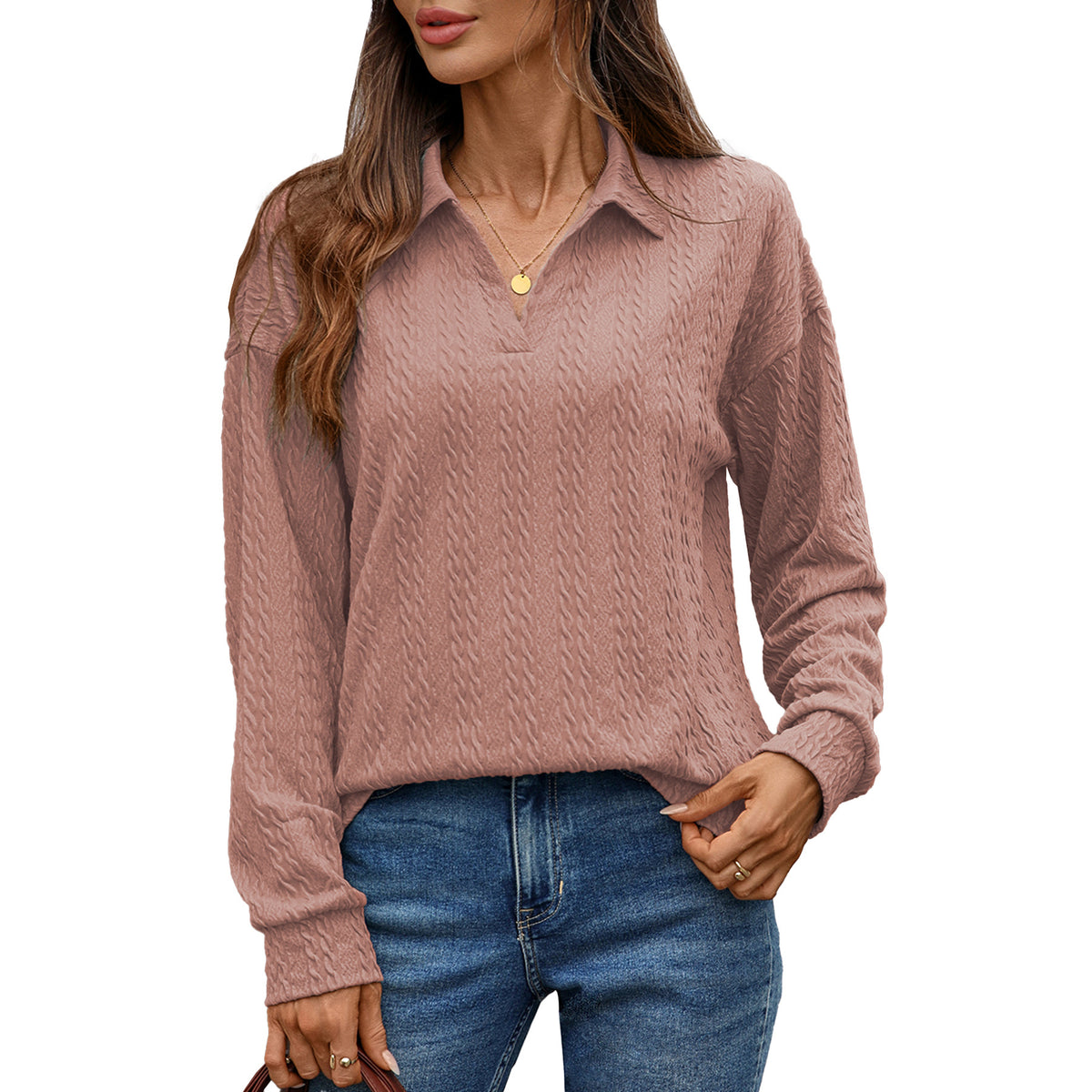 Women's Textured Collared Sweatshirt Long Sleeve Pullover