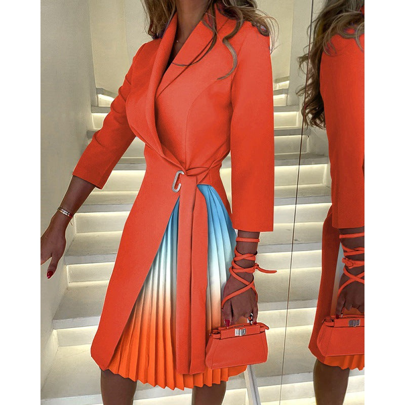 Women Tie Waist Pleated Blazer Dress V Neck Midi