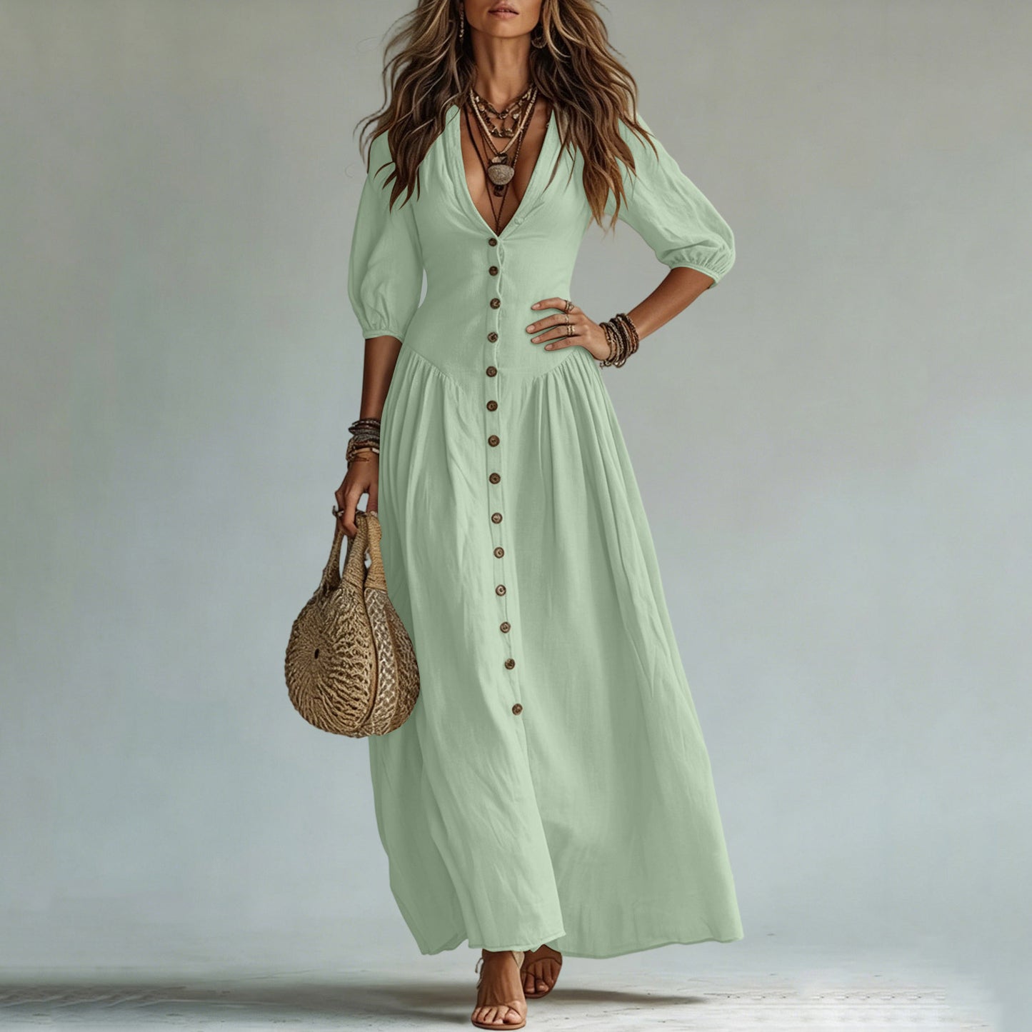 Cotton Button Down Maxi Dress Puff Sleeve V Neck Summer