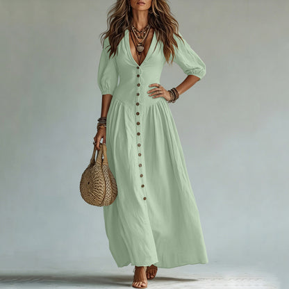 Cotton Button Down Maxi Dress Puff Sleeve V Neck Summer