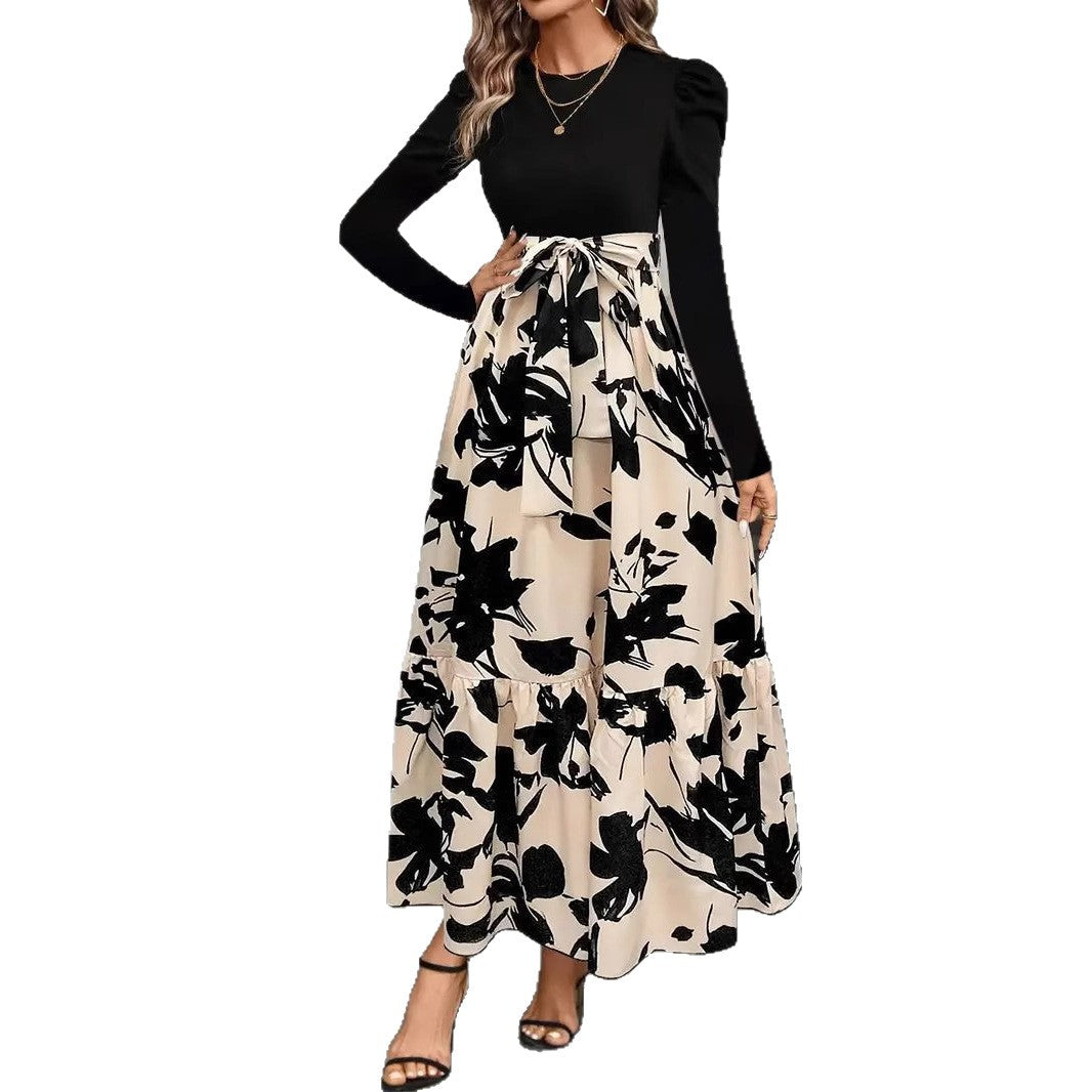 Women's Floral Tiered Maxi Dress Long Sleeve Belted Casual
