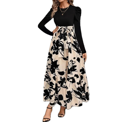 Women's Floral Tiered Maxi Dress Long Sleeve Belted Casual