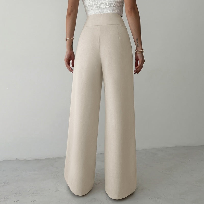 Solid High Waist Wide Leg Dress Pants Metal Buckle
