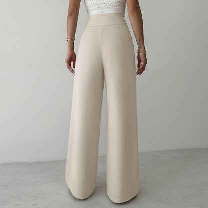 Solid High Waist Wide Leg Dress Pants Metal Buckle