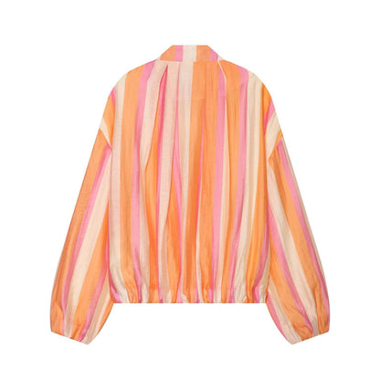 Women's Striped Bomber Jacket Zip Up Stand Collar