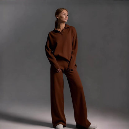 Women's Cozy Polo Top Wide Leg Pants Matching Set
