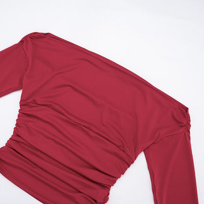 Women's Off Shoulder Ruched Long Sleeve Fitted Crop Top