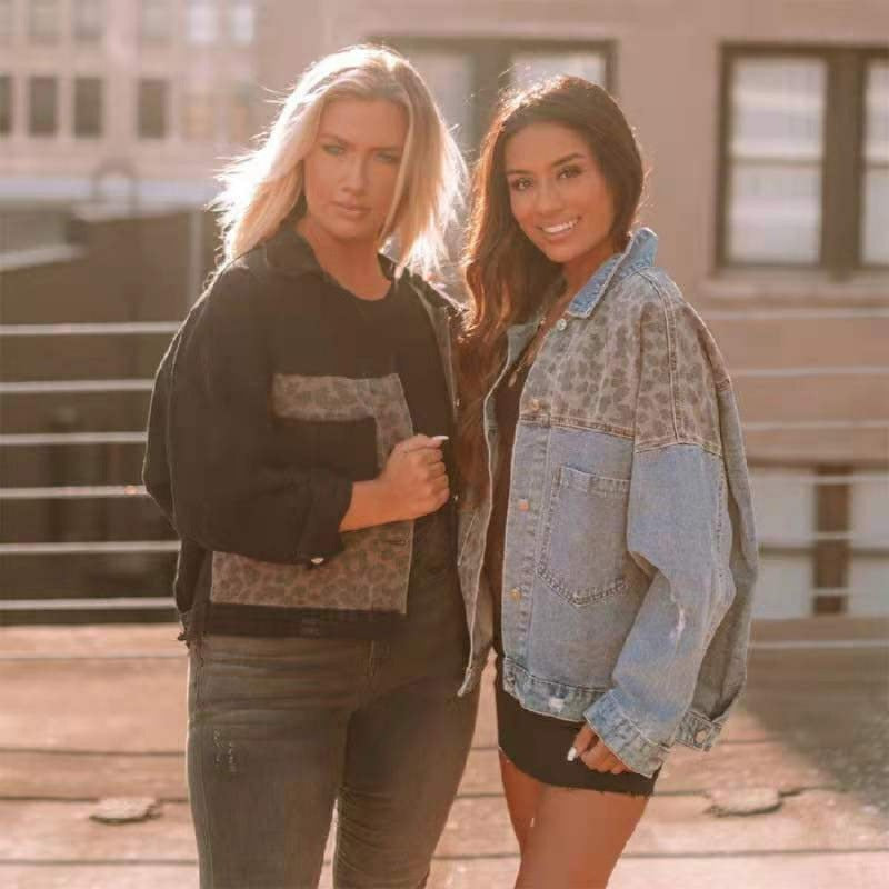 Women's Leopard Patchwork Denim Jacket Button Up Casual
