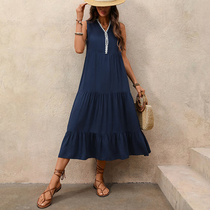 Spring/Summer Colorblock V-Neck Ruffled Maxi Dress