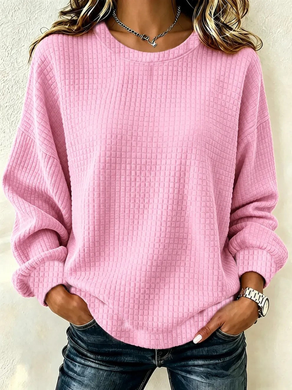 Women's Oversized Waffle Knit Crewneck Sweatshirt