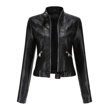 Women's Cropped Faux Leather Moto Jacket Stand Collar