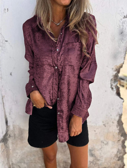 Women's Metallic Suede Button Down Shirt Long Sleeve Tunic