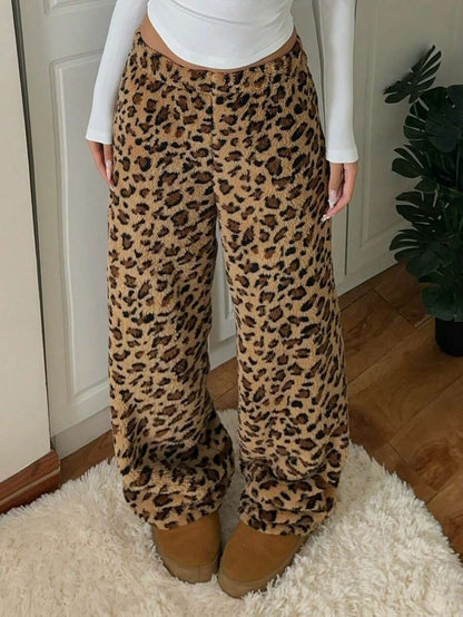 Women's Fuzzy Leopard Print Wide Leg Pants