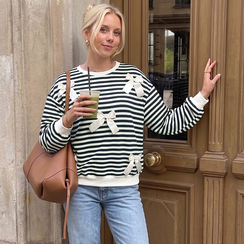 Striped Bow Sweatshirt Crew Neck Oversized Pullover