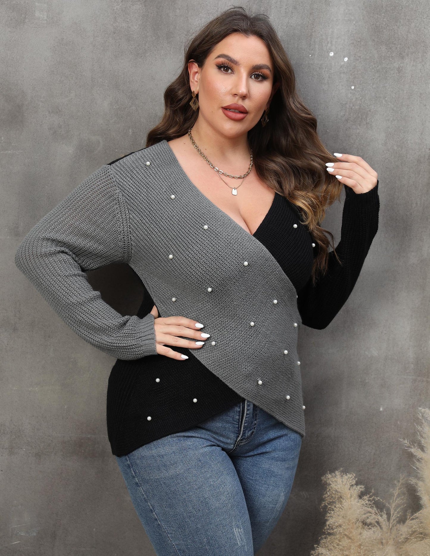 Women's Splicing Sexy Deep V Beaded Sweater Long Sleeve