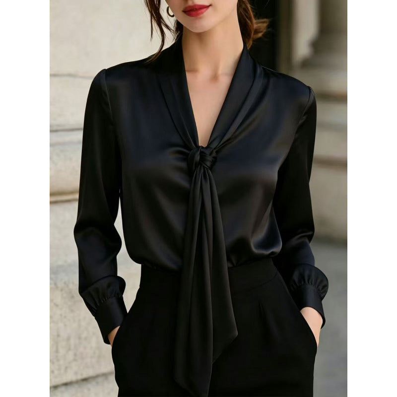 Solid Satin Tie Neck Blouse Long Sleeve Work Top