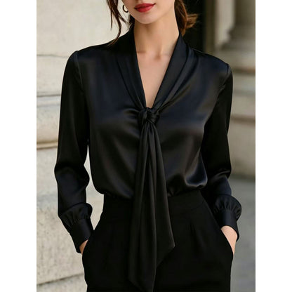 Solid Satin Tie Neck Blouse Long Sleeve Work Top