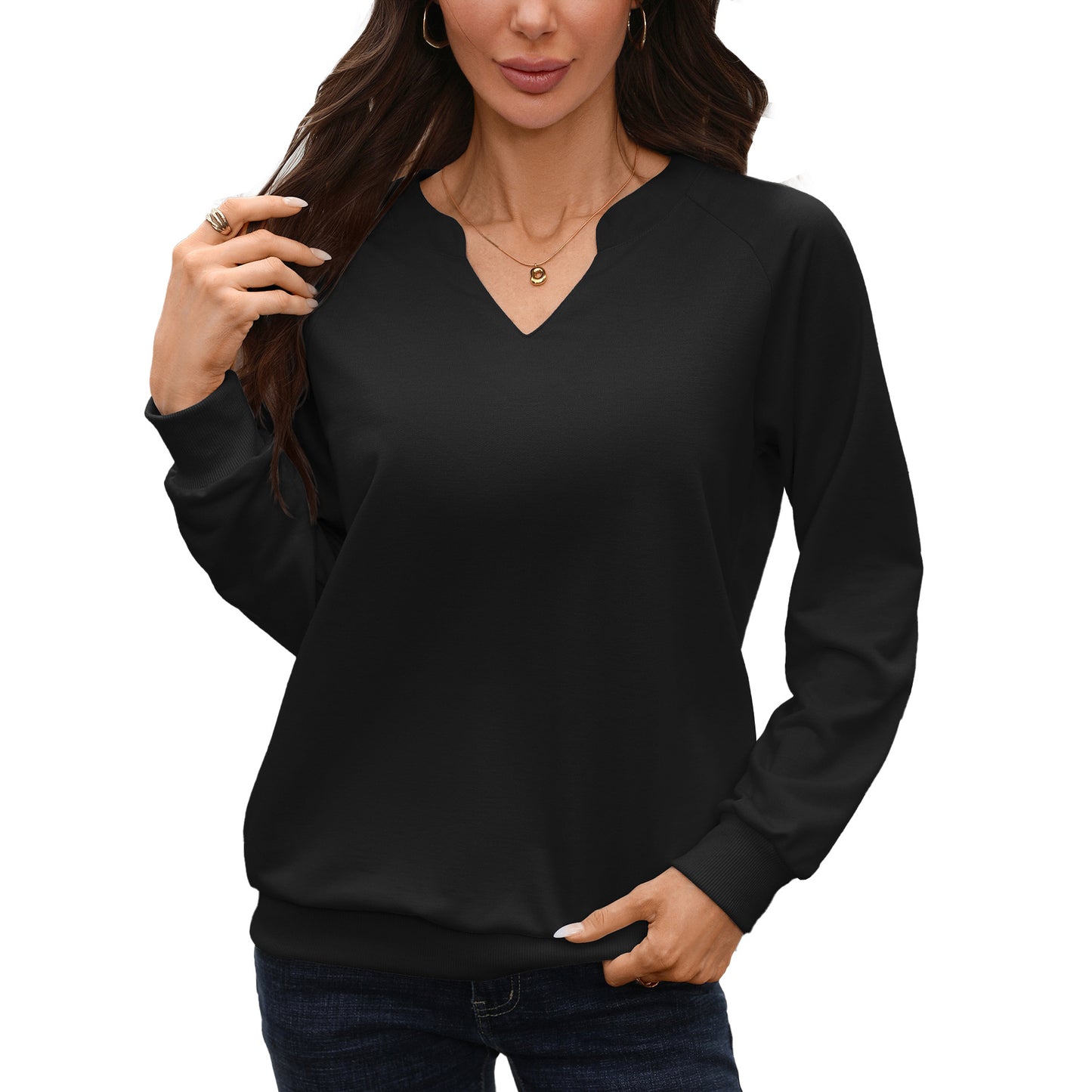 Solid V Neck Sweatshirt Oversized Ribbed Pullover