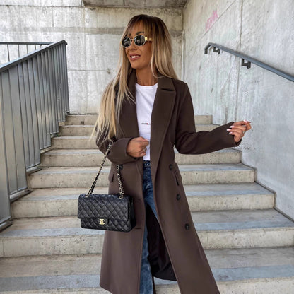Women's Lapel Button Front Long Coat with Slit