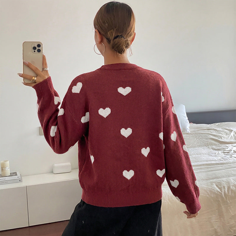 Heart Jacquard Knit Crew Neck Oversized Sweater