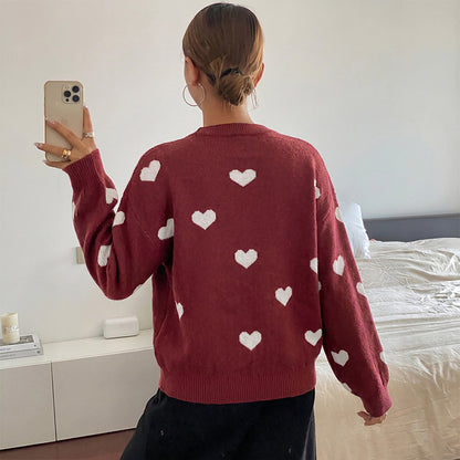 Heart Jacquard Knit Crew Neck Oversized Sweater
