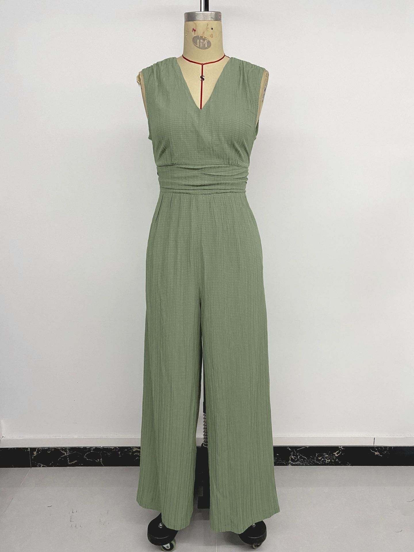 Solid V Neck Wide Leg Jumpsuit Sleeveless Casual Romper