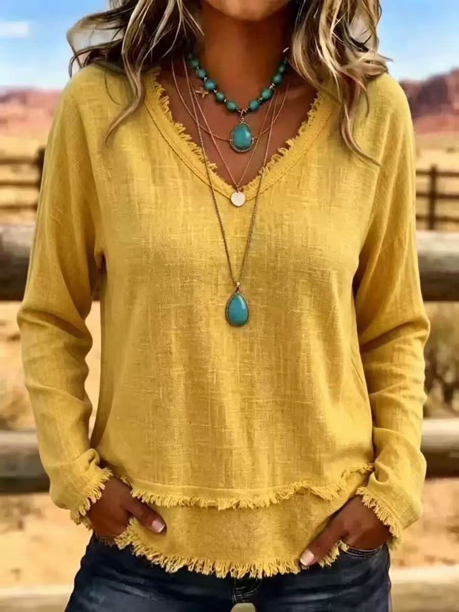 Women's Oversized V Neck Frayed Hem Long Sleeve Top