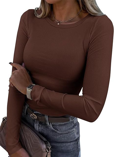 Women's Stretch Ribbed Long Sleeve Crew Neck Fitted Top