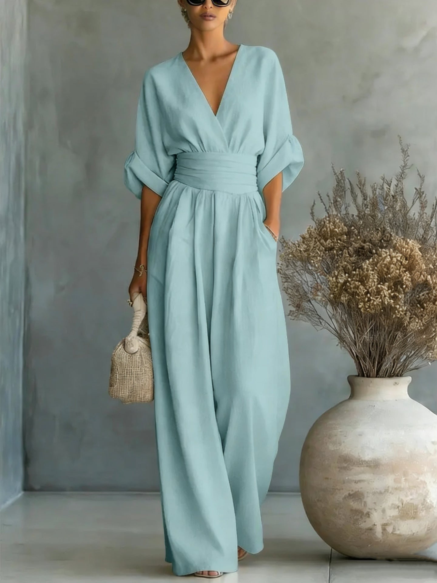 Women's Elegant V-Neck High Waist Wide Leg Jumpsuit